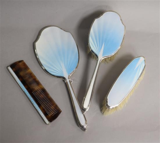 A silver and guilloche enamel four piece dressing table set, Albert Carter, Birmingham, 1937.